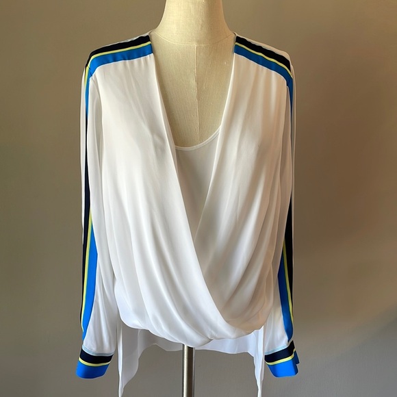 BCBGMAXAZRIA cross over / wrap drape BLOUSE built in cami white / stripe accent - Picture 1 of 13